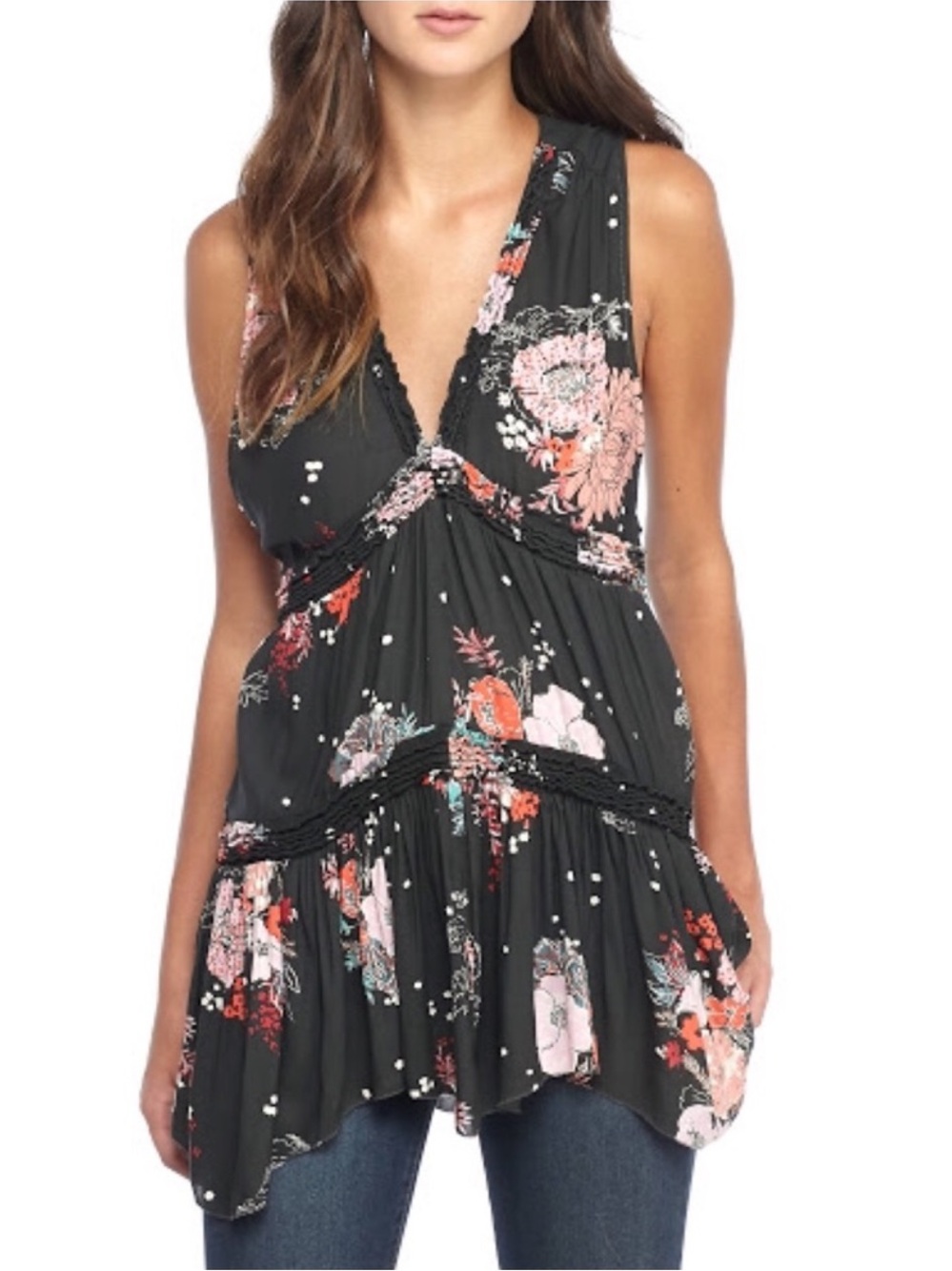 FREE PEOPLE Haze Floral Tiered Tunic in Charcoal Grey/Black Floral, NWOT, size M